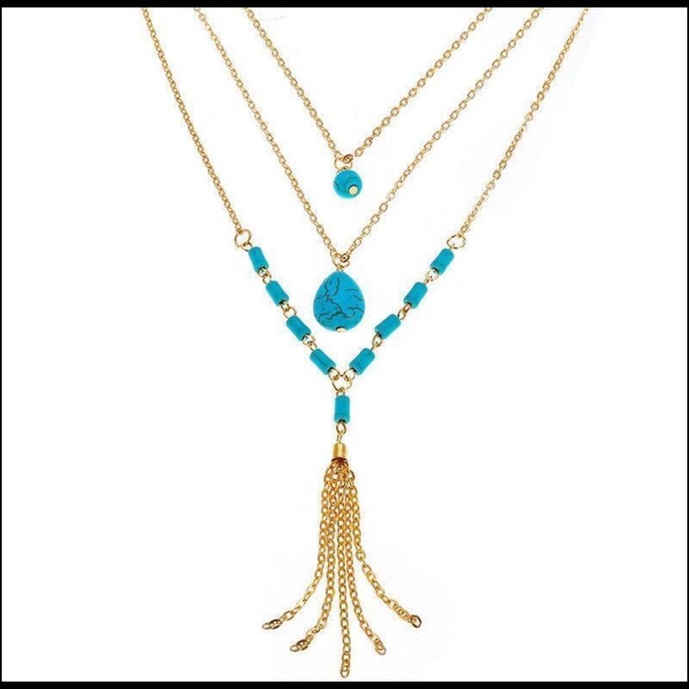 Boho turquoise and gold three layer necklace